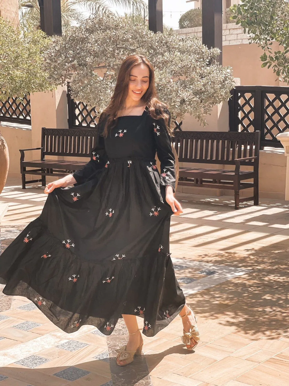 Black Square Neck Embroidery Frock - Image 3