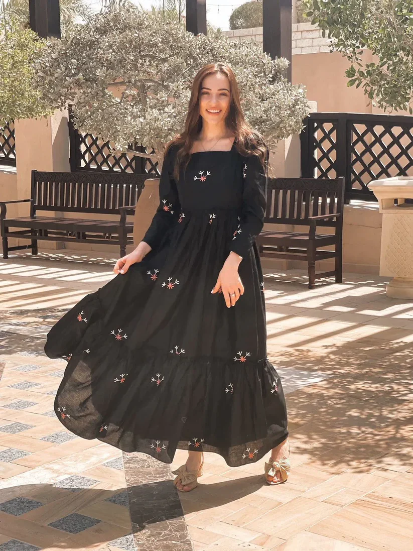 Black Square Neck Embroidery Frock - Image 4