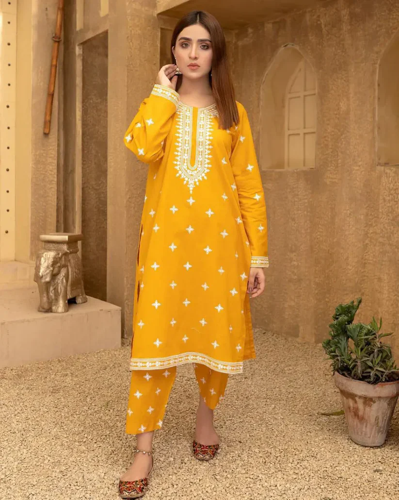 White Striper Embroidery Yellow Two Piece - Image 3