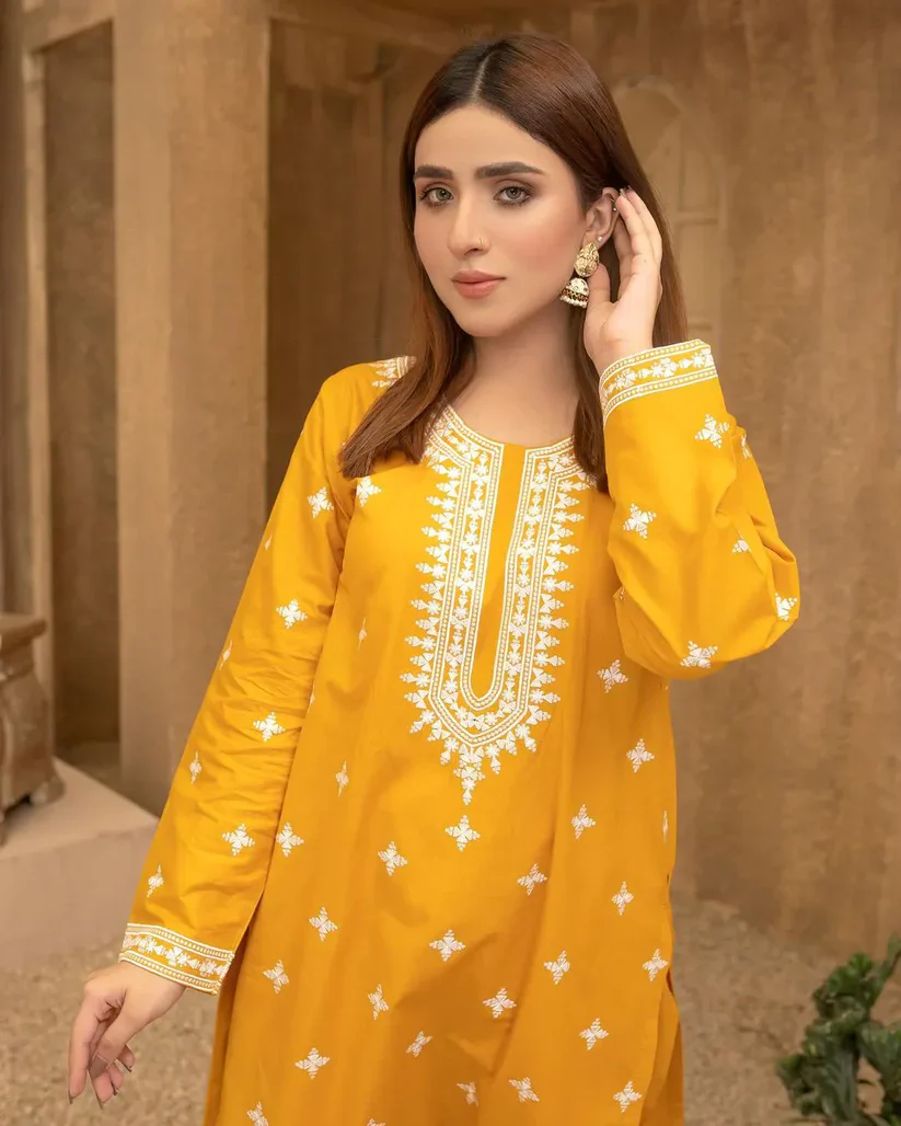 White Striper Embroidery Yellow Two Piece - Image 4