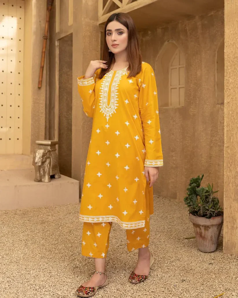 White Striper Embroidery Yellow Two Piece - Image 5